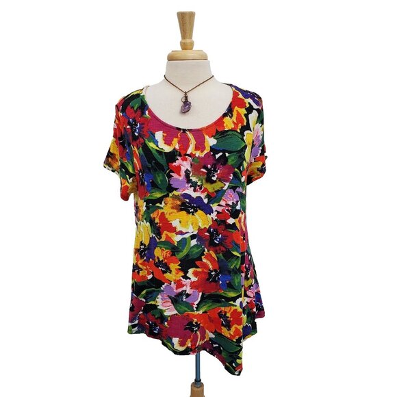 Cupio Multicolor Floral Print Short Sleeve Top XL Stretch Asymmetrical Hem - Picture 2 of 13